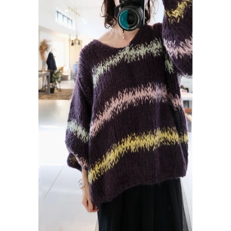 LES TRICOTS D'O レトリコドール Alpaca Pullover V Neck Stripes  Dark Purple / Yellow / Mint / Pink