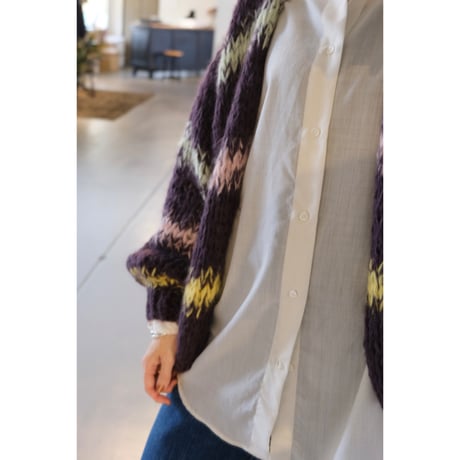 LES TRICOTS D'O レトリコドール   AlpacaPullover  Cardigan Stripes  Dark Purple / Yellow / Mint / Pink