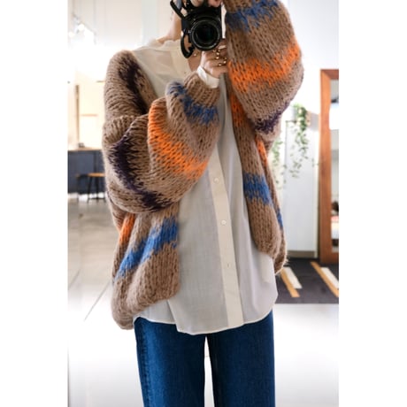 LES TRICOTS D'O レトリコドール  AlpacaPullover Cardigan Stripes  Camel / Dark Purple / Orange / Blue