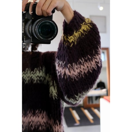 LES TRICOTS D'O レトリコドール Alpaca Pullover V Neck Stripes  Dark Purple / Yellow / Mint / Pink