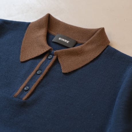 SINME　バイカラーポロニット ブルー×カーキ　S21AW-14-03
