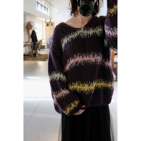 LES TRICOTS D'O レトリコドール Alpaca Pullover V Neck Stripes  Dark Purple / Yellow / Mint / Pink