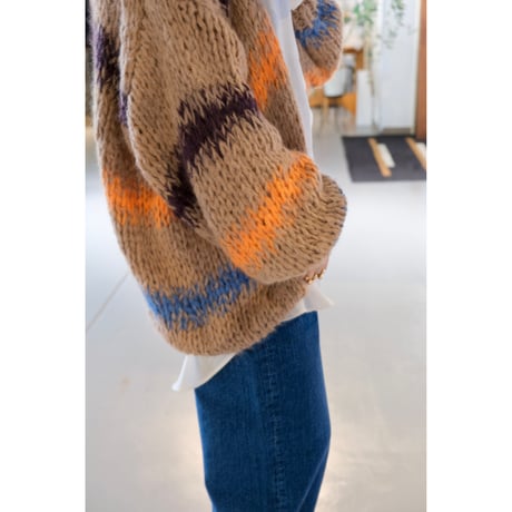 LES TRICOTS D'O レトリコドール  AlpacaPullover Cardigan Stripes  Camel / Dark Purple / Orange / Blue