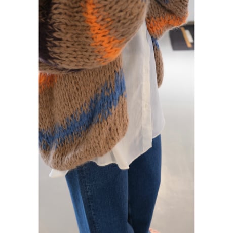 LES TRICOTS D'O レトリコドール  AlpacaPullover Cardigan Stripes  Camel / Dark Purple / Orange / Blue