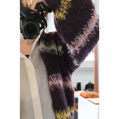 LES TRICOTS D'O レトリコドール   AlpacaPullover  Cardigan Stripes  Dark Purple / Yellow / Mint / Pink