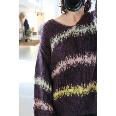 LES TRICOTS D'O レトリコドール Alpaca Pullover V Neck Stripes  Dark Purple / Yellow / Mint / Pink