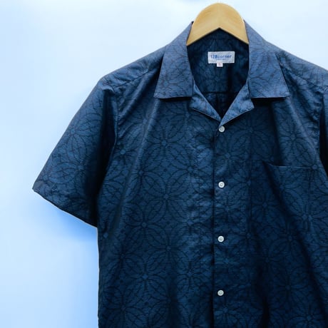 【メンズL】大島紬オープンカラーシャツ半袖　藍群青