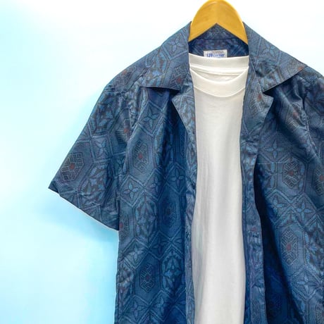 【メンズM】大島紬オープンカラーシャツ半袖　紗藍