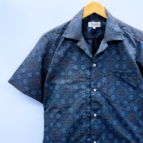 【メンズL】大島紬オープンカラーシャツ半袖　紺藍紋