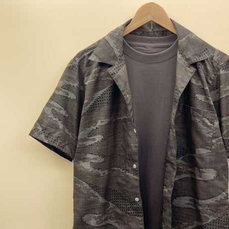 【メンズL】大島紬オープンカラーシャツ半袖　煤風