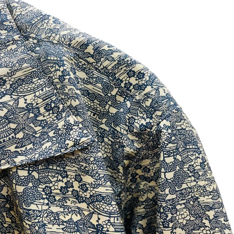 【メンズL】シルク100%カジュアルシャツ9分袖　藍風