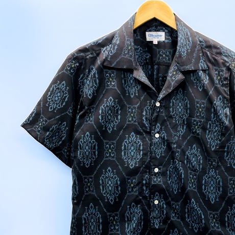 【メンズL】大島紬オープンカラーシャツ半袖　深藍黒
