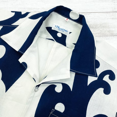 【メンズS】YUKATAオープンカラーシャツ半袖　白波