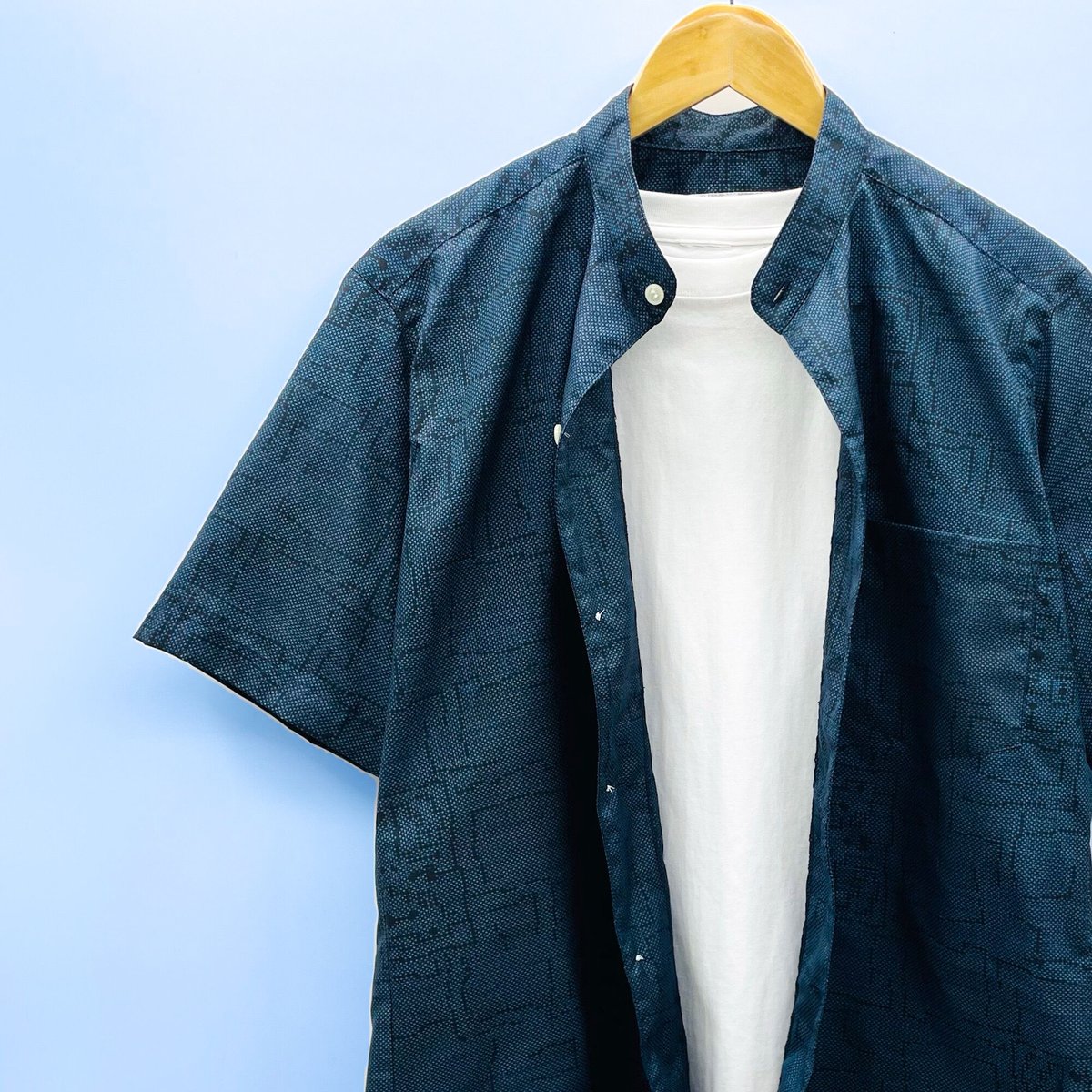 メンズL】大島紬スタンドカラーシャツ半袖 深藍景 | 128corner
