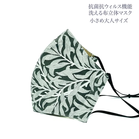 【小さめ大人サイズ】涼感コットン オーガンジー　抗菌抗ウィルス機能洗える布立体マスク　ホワイトリーフ クロムグリーン