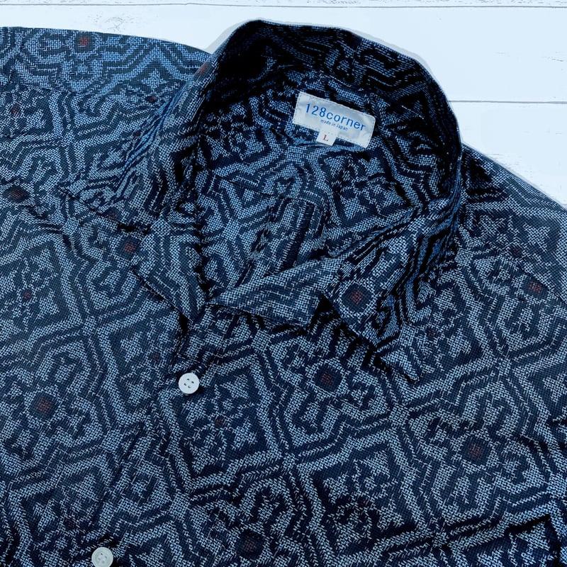 メンズL】大島紬オープンカラーシャツ半袖 青藍 | 128corner