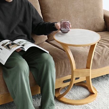 NATURAL × GRAY ROUND SIDE TABLE /ノートPCが乗せれる木製でおしゃれなサイドテーブル  / ソファサイド テーブル / 円形 ラウンドテーブル