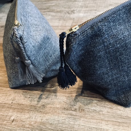 Horn please made / WOOL POUCH  GY / ヘリンボーンチェック / ウールポーチ / 化粧ポーチ