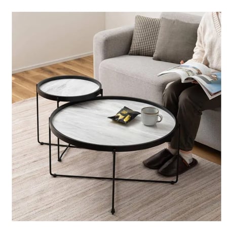 ＲＯＵＮＤ ＴＡＢＬＥ / シックな大理石調のラウンドトレイテーブル / S , Lサイズ /  Lサイズ : W73×D73×H38cm