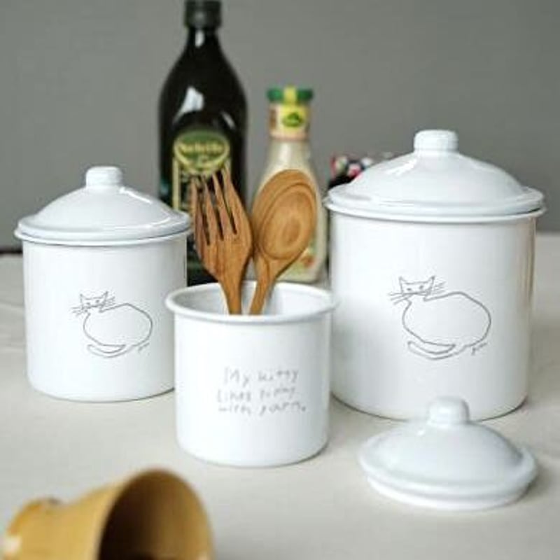 ラフなタッチで描かれたCATキャニスター3個セット/ 琺瑯製品