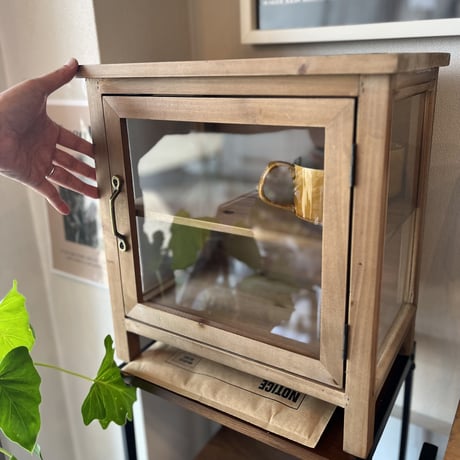 WOOD KITCHEN CABINET / 大きめサイズでたくさん収納 両サイドもガラス面 / サイズ : W380×D250×H400mm  キッチン収納キャビネット ガラスショーケース