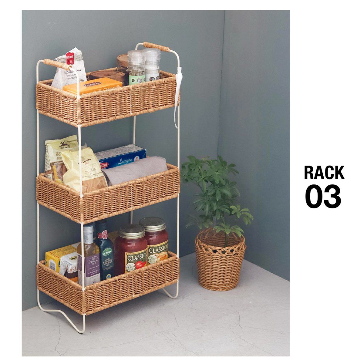 ナチュラルな風合い PPラタンで編まれた3段ラック / BASKET RACK