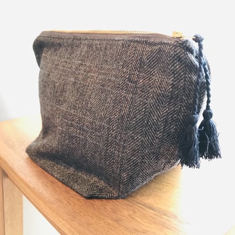 Horn please made / WOOL POUCH  GY / ヘリンボーンチェック / ウールポーチ / 化粧ポーチ