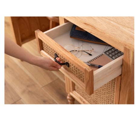 WOOD DESK (Bobbin leg Natural rattan design）/ デスク / 引出し / 棚付き / 木製デスク
