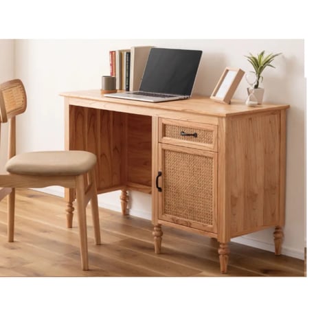 WOOD DESK (Bobbin leg Natural rattan design）/ デスク / 引出し / 棚付き / 木製デスク