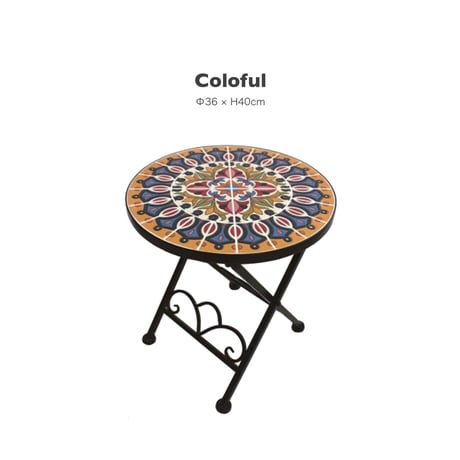 IRON ROUND TABLE / タイル天板 / テーブル / 折りたたみ式 / サイドテーブル / ガーデン お庭 テーブル / アンティーク ブロカント