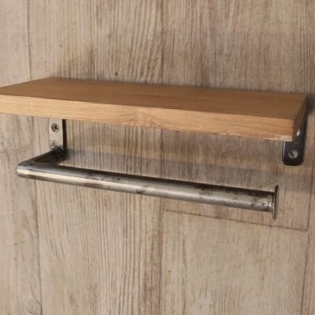 チーク材の板とアイアンのトイレットペーパーホルダー / サイズ : W300×D120×H110mm / IRON×WOOD PAPER HOLDER
