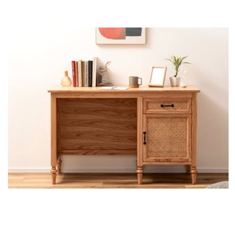 WOOD DESK (Bobbin leg Natural rattan design）/ デスク / 引出し / 棚付き / 木製デスク