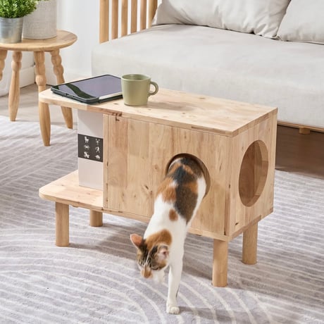 NATURAL MULCH TABLE with CAT / キャットハウス サイドテーブルとしてマルチに使えるナチュラルなサイドテーブル / ラバーウッド
