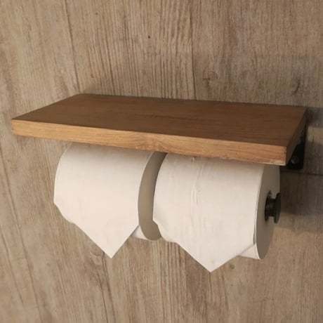 チーク材の板とアイアンのトイレットペーパーホルダー / サイズ : W300×D120×H110mm / IRON×WOOD PAPER HOLDER
