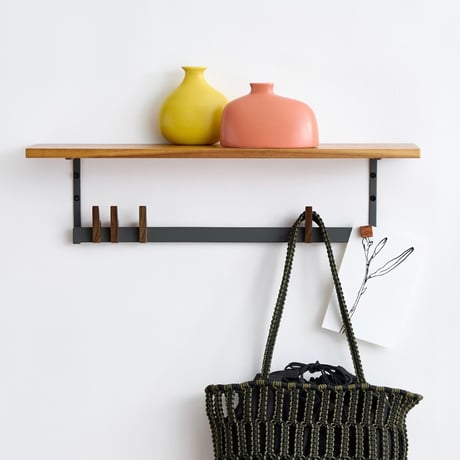 WALL SHELF with HOOK / 木の温かみとアイアンの素材感がやさしく調和する壁面収納 / ウォールシェルフ