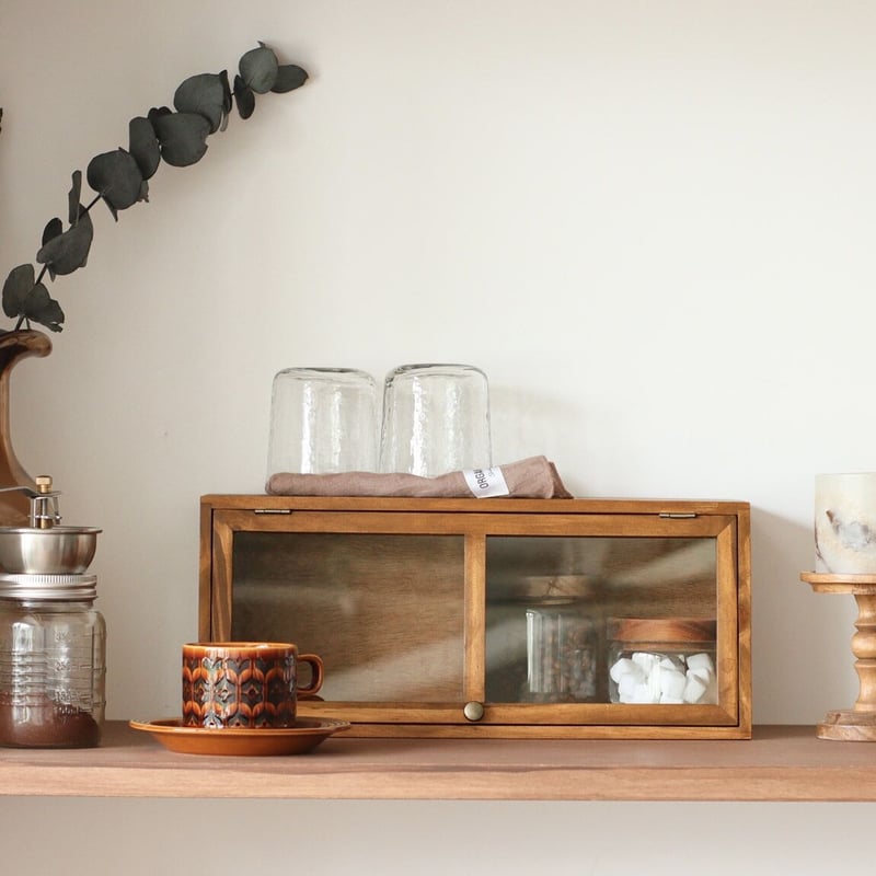 PINE WOOD スパイスラック / グラス収納 ガラス扉のついた卓上スパイス