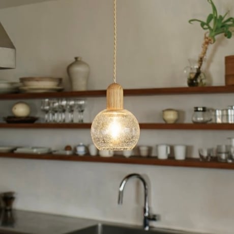 Kleff pendant light / ナチュラルで木目の美しいオーク材のミニマルキュートなペンダントライト / CL クリアガラス BU バブルガラス