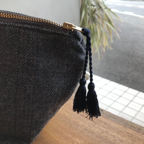Horn please made / WOOL POUCH  GY / ヘリンボーンチェック / ウールポーチ / 化粧ポーチ