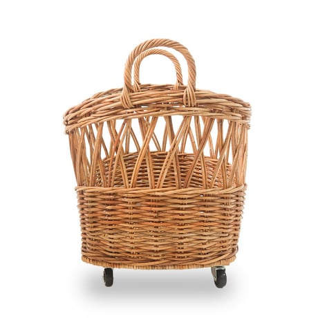 RATTAN BASKET + CASTER / キャスターが付いた大きなハンドルバスケット / リビングバスケット / ランドリーバスケット