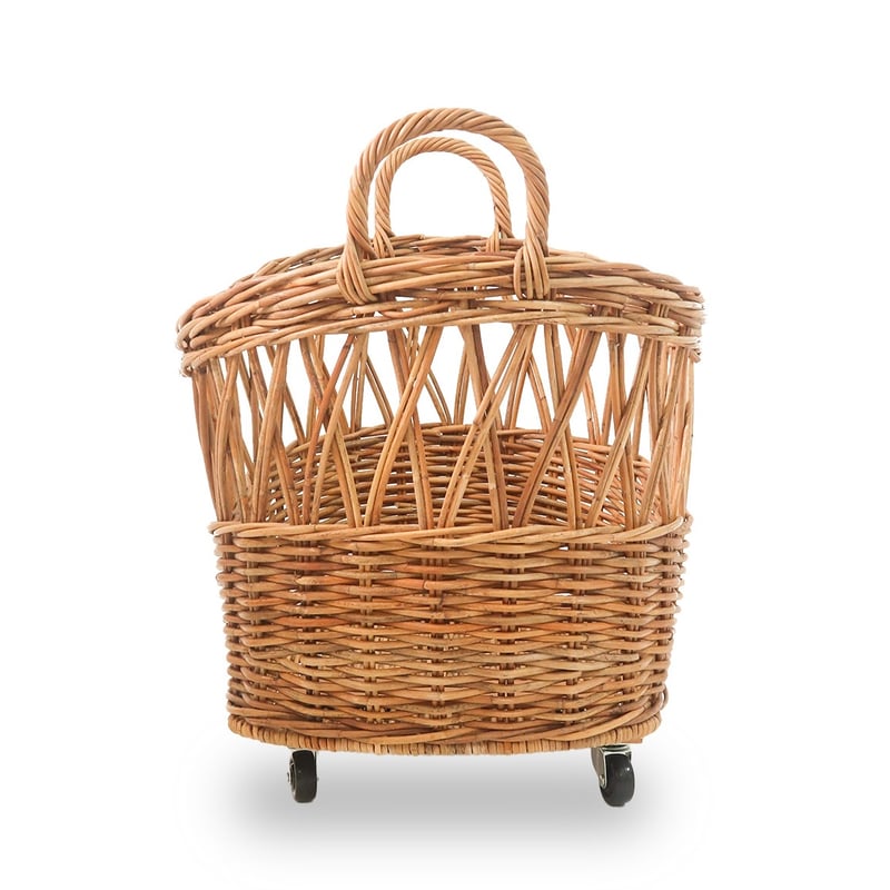新品ラタンクレイドルバスケット キャスター付 ランドリーバスケット 籐（463） RATTAN BASKET + CASTER / キャスターが付いた大きなハンドル