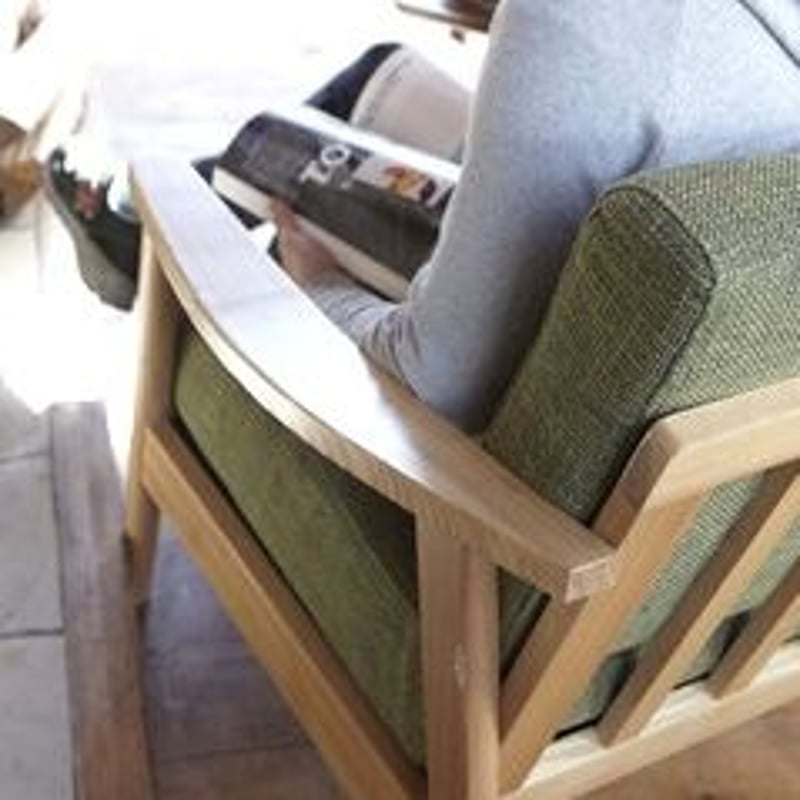 アッシュ木材とファブリックのソファ/ GRAY , GREEN / 1人掛けソファー