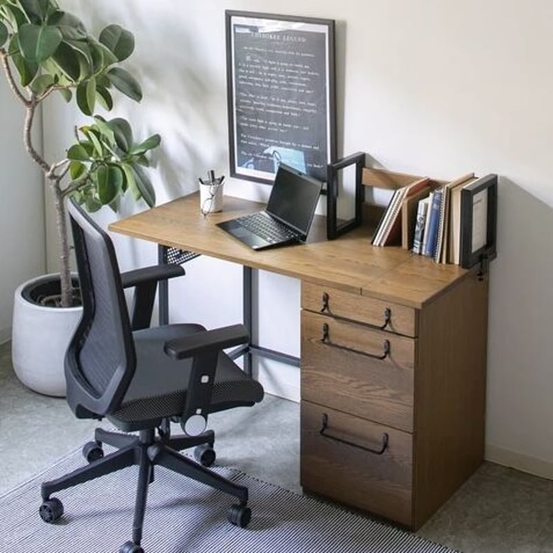 アイアンとオーク突板のコラボデスク / 幅100cm→120cm 伸長式デスク