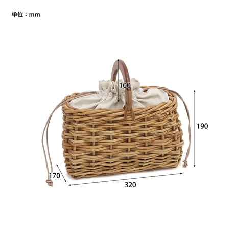 マホガニー製のハンドルがアクセントになったレクトバッグ / 貴重品も安心して持ち運べる巾着付き / THE AROROG アラログ カゴバッグ / ラタンバッグ