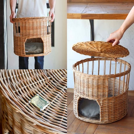 CAT HOUSE with LID -BY THE AROROG / ラタンで編んだ 円形のフタ付き キャットハウス  / BY THE AROROG / GROOM
