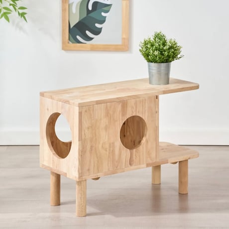 NATURAL MULCH TABLE with CAT / キャットハウス サイドテーブルとしてマルチに使えるナチュラルなサイドテーブル / ラバーウッド