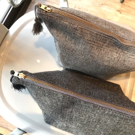 Horn please made / WOOL POUCH  GY / ヘリンボーンチェック / ウールポーチ / 化粧ポーチ