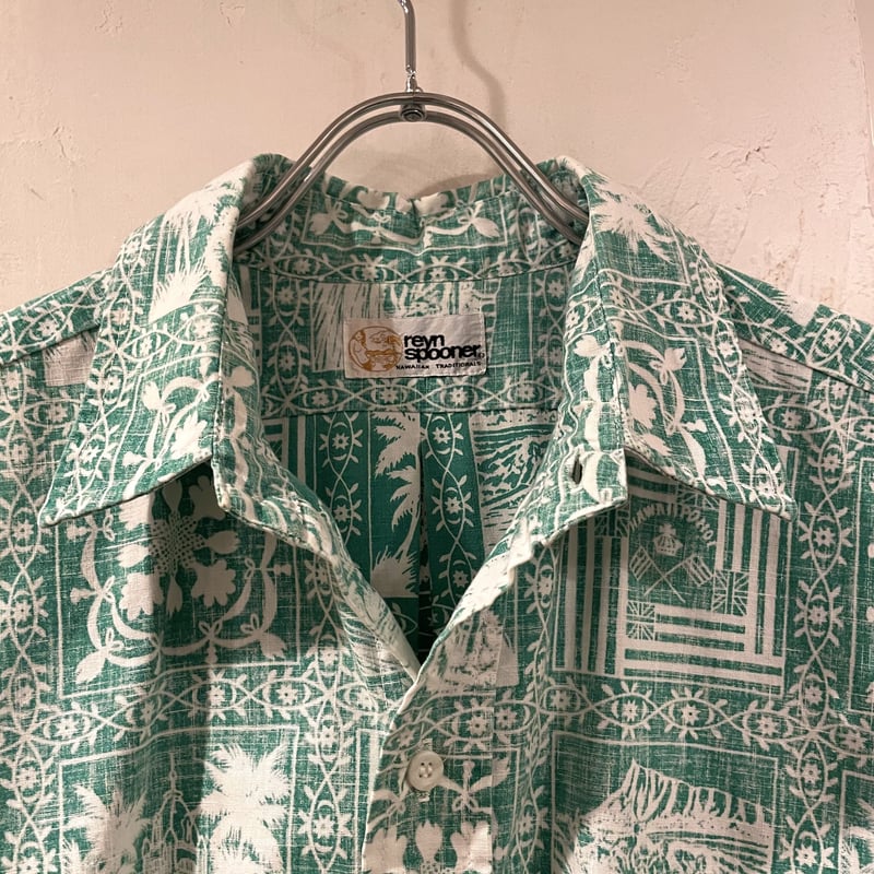 良品 80s レインスプーナー 乳首なし 半袖プルオーバーシャツ L reyn spooner ハワイアンシャツ 乳首無しタグ 80s レインスプーナー
