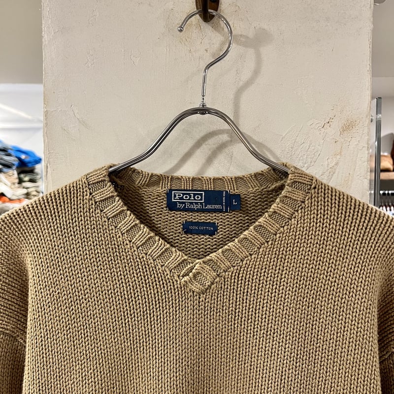 新品タグ付き　ラルフローレン ベージュ コットン　ニット セーター Ralph Lauren Vネックコットンセーター - Fresh Service