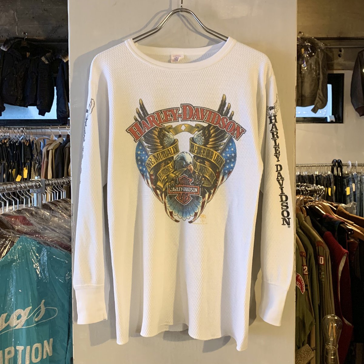 80s SUPER JOHNS ロングスリーブサーマルTシャツ Harley-Davidso 80s SUPER JOHNS ロングスリーブサーマルTシャツ Harley-Davidso
