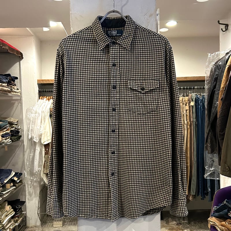 ラルフローレン　M フランネルシャツ　シルク混　　エルボーパッチ　モノクロ　本革 Polo by Ralph Lauren L/Sネルシャツ ラルフローレン エルボーパッチ S